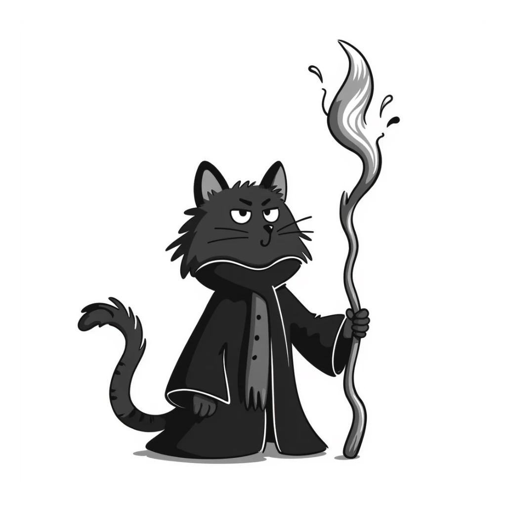 A cat wizard casting a spell with magical staff and flowing robes sticker