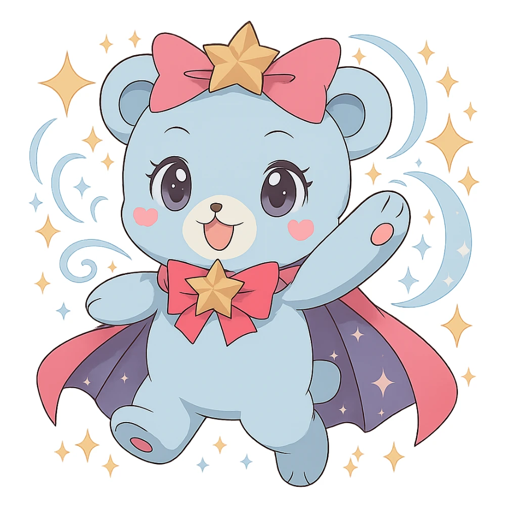 Add magical sparkles around the chibi magical bear. Keep the image with no background. sticker