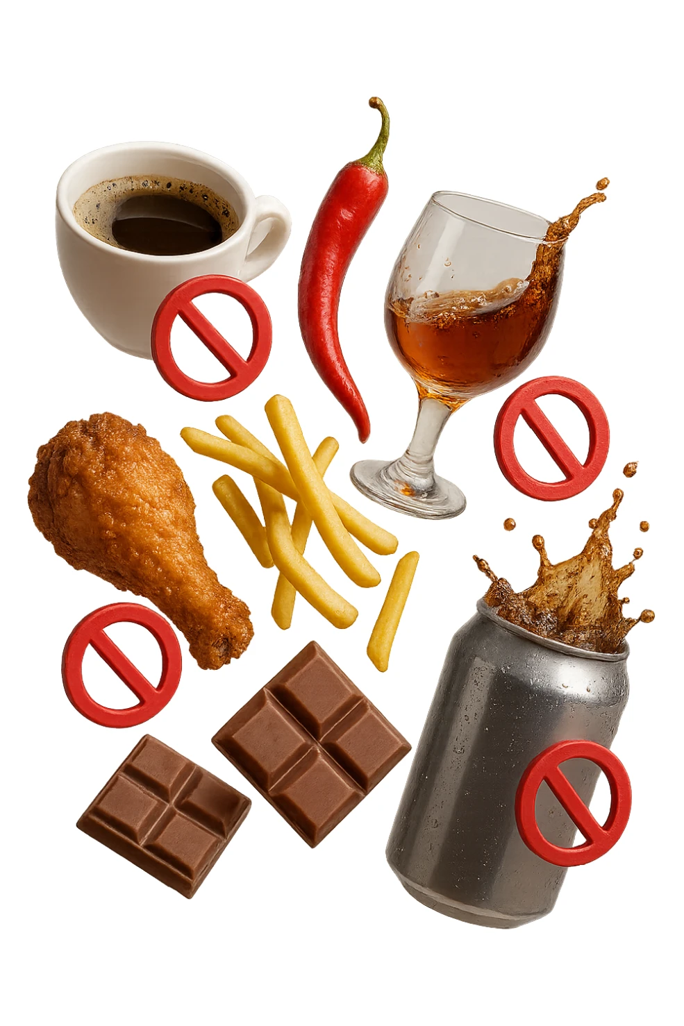 caffeina, alcolici, cibi piccanti, fritti, cioccolato e bevande gassate cadono dall'alto con piccoli divieti in 3d, iperrealistico 4k sticker