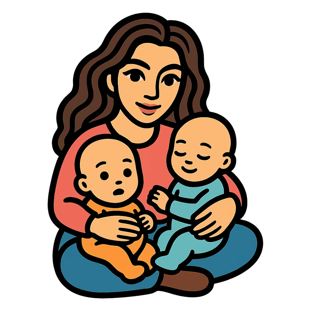 Create a variation of a woman with two infants, where one infant has a smile and closed eyes. The woman has detailed facial features, expressive eyes and lips with shadows and highlights, and long wavy hair. The style is icon-color-outlined with a retro sticker vibe. The background should be transparent. sticker
