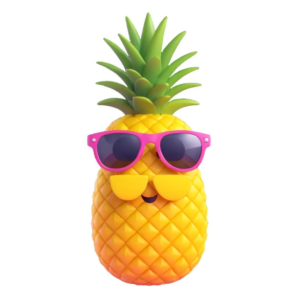 pineapple wearing sunglasses, 3D emoji style, Hawaiian party sticker