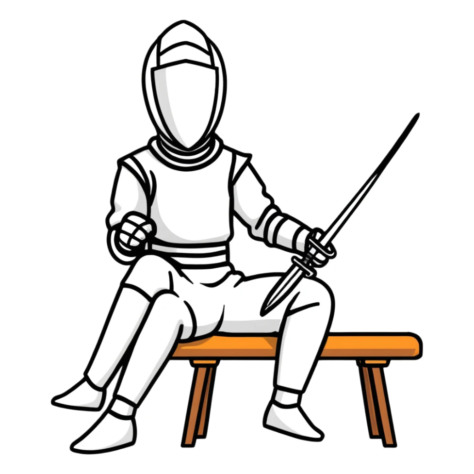 epee fencer sitting on stool holding mask under arm before match sticker