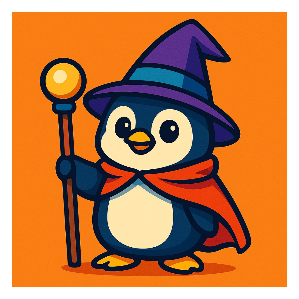 cute penguin dressed as a wizard, wearing a pointed hat and holding a magic staff, vibrant cartoon style sticker