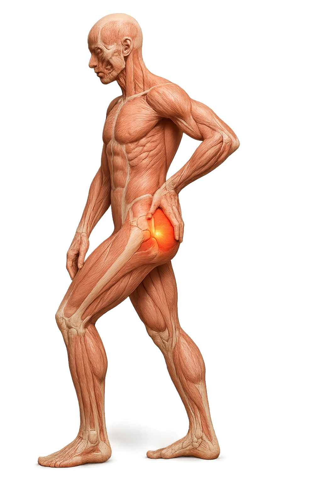 CORPO UMANO ANATOMICO DI PROFILO A FIGURA INTERA REALISTICO CHE SI TOCCA L'ANCA INFIAMMATA, DOLORE ALL'ANCA, IPERREALISTICO 4K sticker