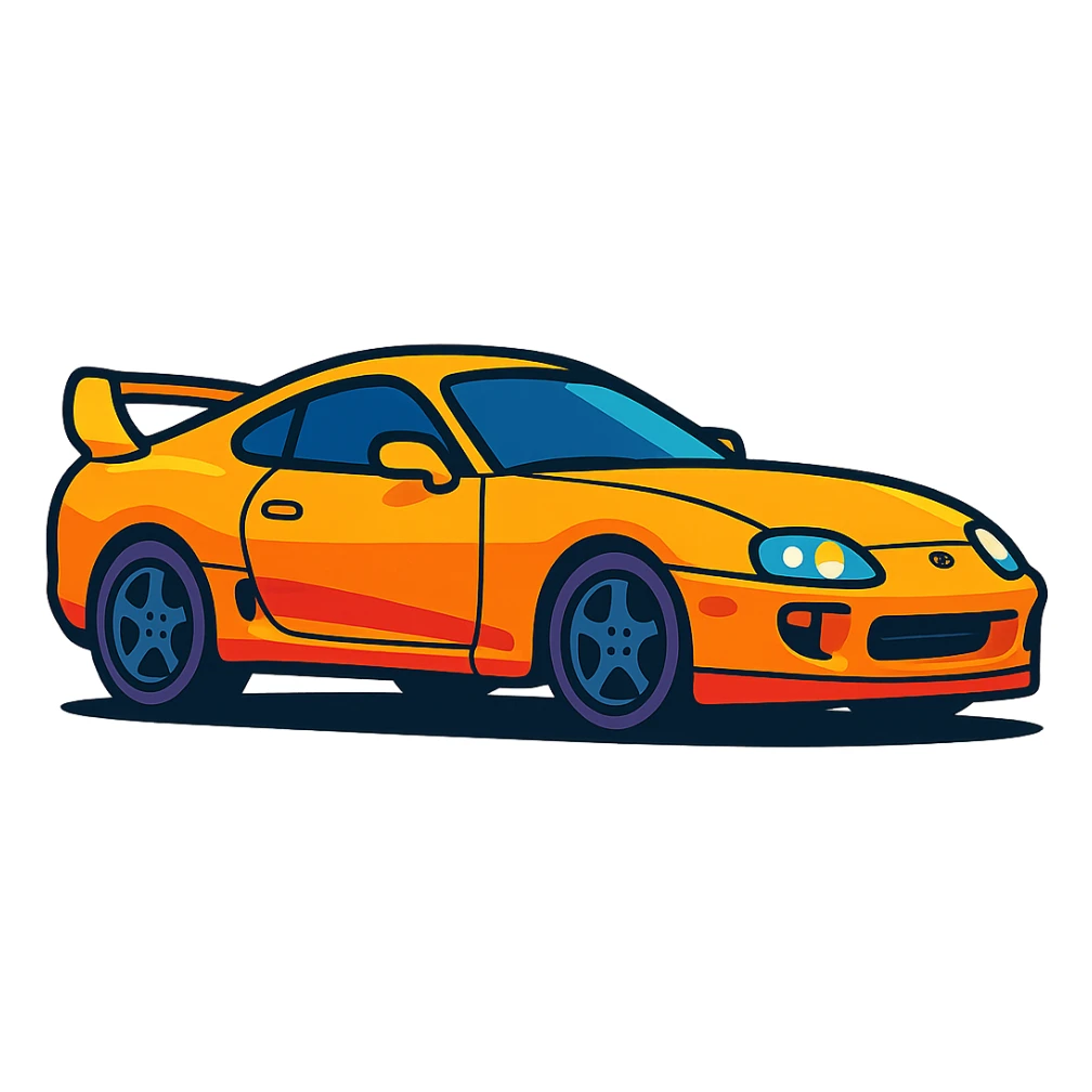 Toyota Supra MK4 side profile, bold colorful toon style, sleek curves, large rear wing sticker