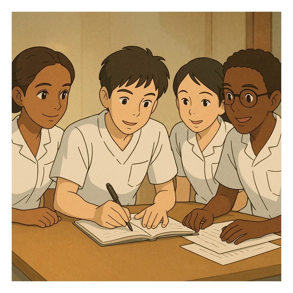 Scene of four nursing students working together, Ghibli style, in short-sleeved white medical uniforms with V-neck collars, left chest pockets, no stand-up collars, no stethoscopes, clean sleeves. Characters resemble traits from four provided photos. sticker