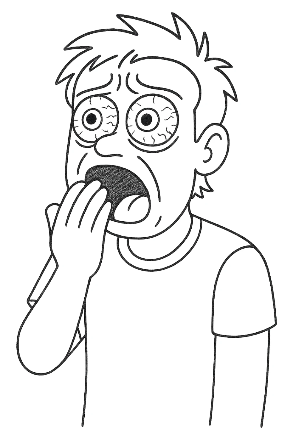 Remove the background, keep the ordinary person yawning with wide, red eyes, looking exhausted from lack of sleep, in the same wojak meme style, with a transparent background. sticker