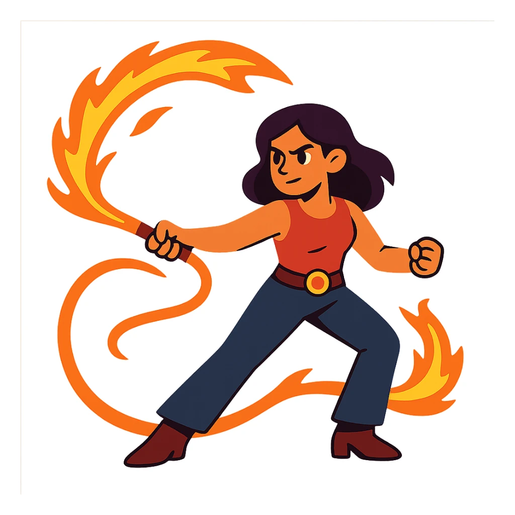 flat toon style woman with a fire whip, bold colors sticker