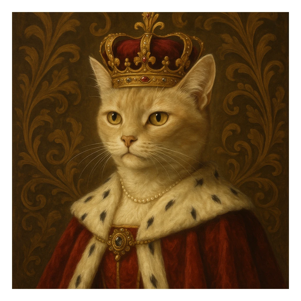 queen cat, elegant cat with royal cape and crown, dignified expression, ornate background sticker