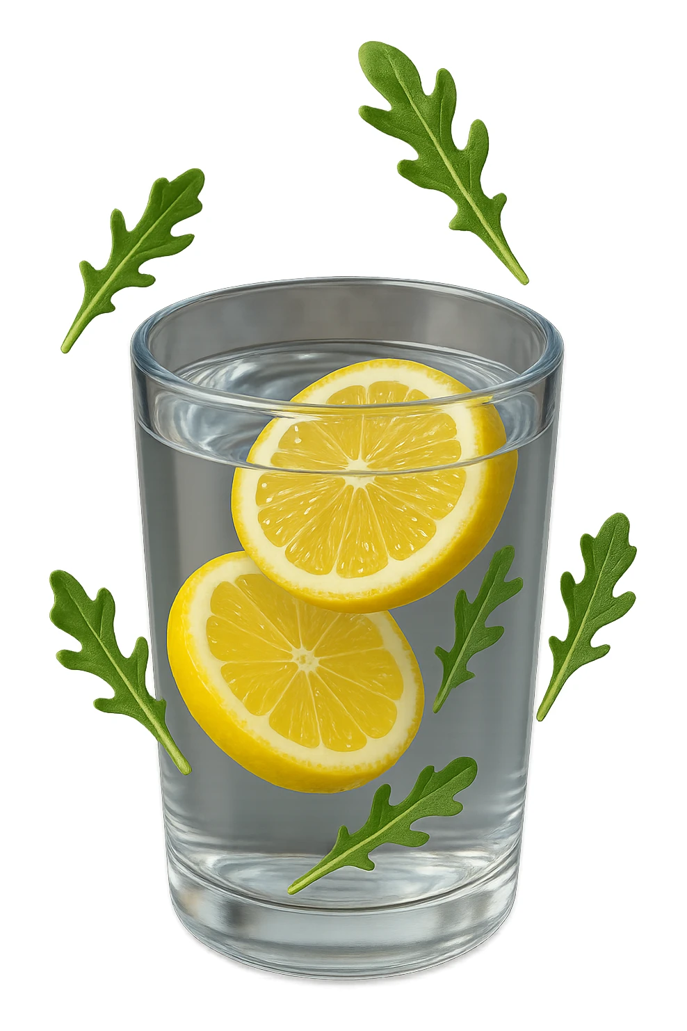 emoji stile iphone 3d di un bicchiere di acqua con limone e qualche foglia di rucola che fluttua intorno in aria, iperrealistico 4k sticker