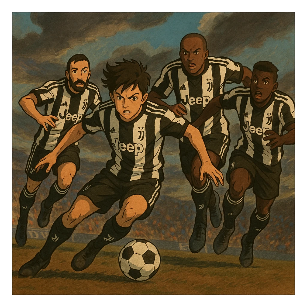 Juventus players in action, stylized and dramatic sticker