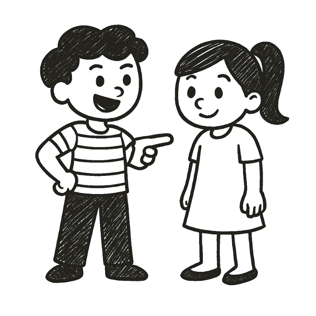 Adjust the left hand of the boy so it rests on his hip, keeping the doodle style and character details the same as in the reference image. sticker