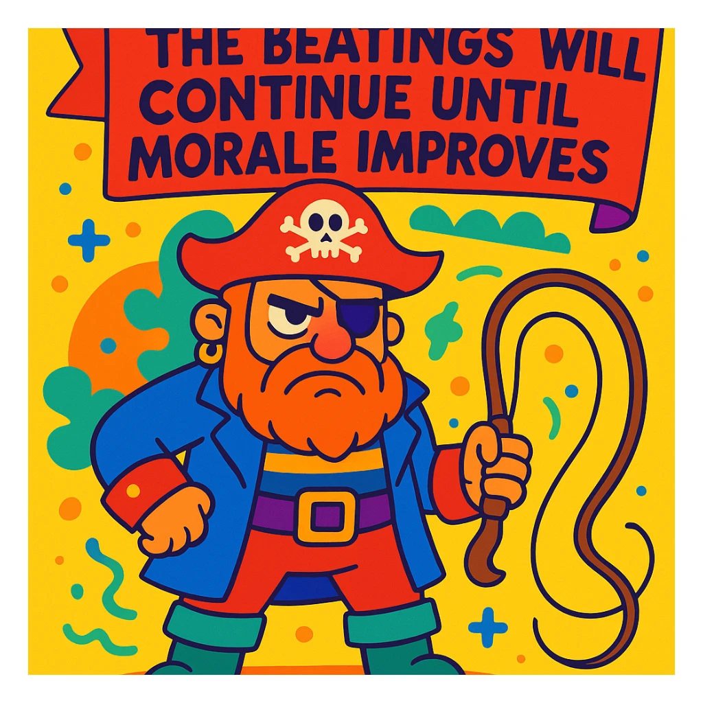 grumpy pirate with a whip and a sarcastic banner reading 'The beatings will continue until morale improves', vibrant toon style sticker