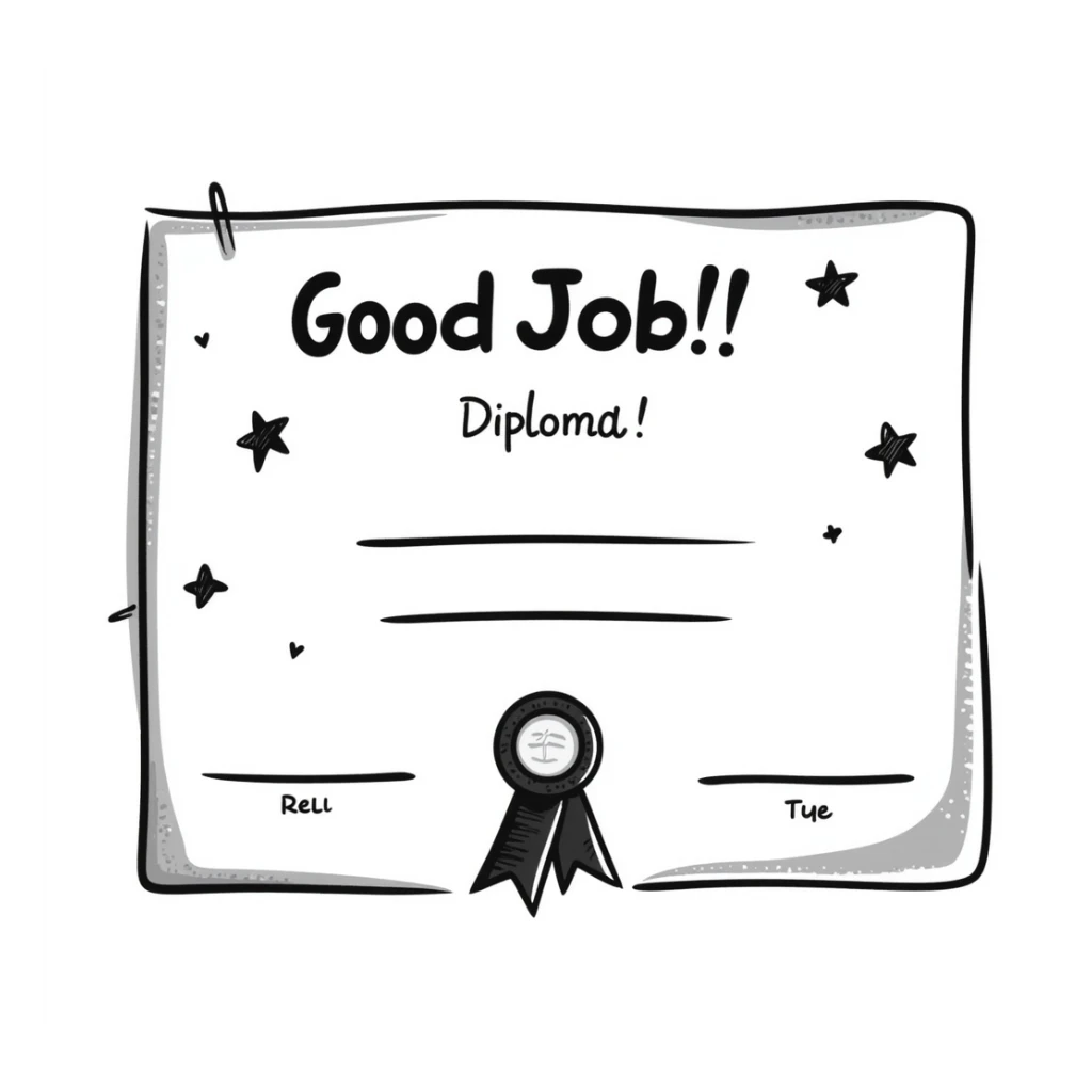 Simple diploma-style certificate with "Good Job!" text and star decorations sticker
