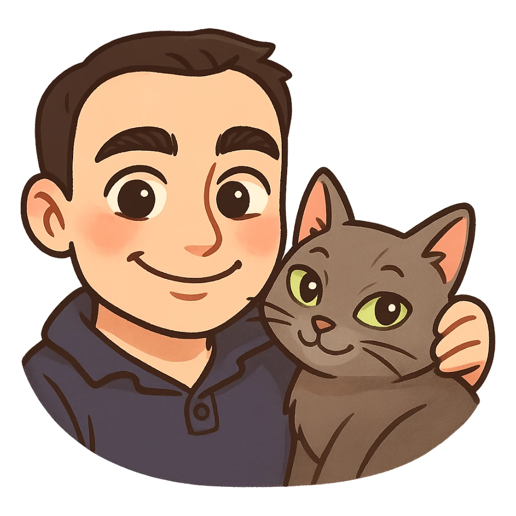 Transform this photo into an expressive cartoon emoji with a transparent background. Emphasize the cat and the warm, knowing expression shared between the human and the cat, capturing their close bond and complicity in a charming, stylized cartoon style. sticker