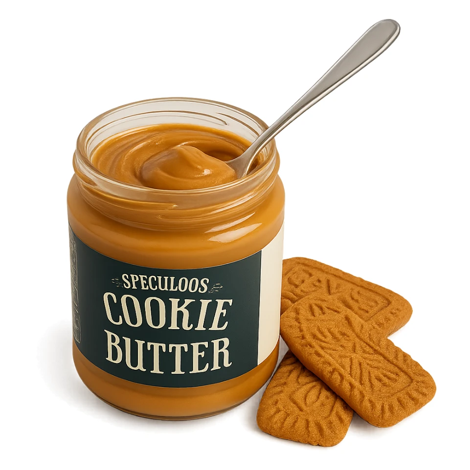 speculoos cookie butter in a jar, creamy texture, with a spoon, next to speculoos cookies, white background sticker