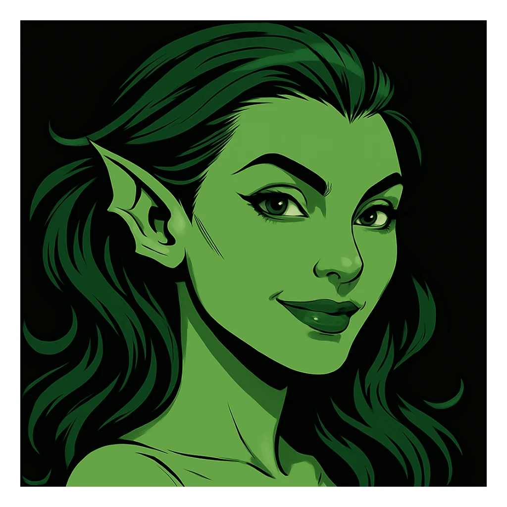 Edit the image to turn Marrina Smallwood's face more toward the camera with a slight smile, maintaining her aquatic features, green skin, and confident expression. The style should be suitable for a profile picture, preserving the original look and feel. sticker