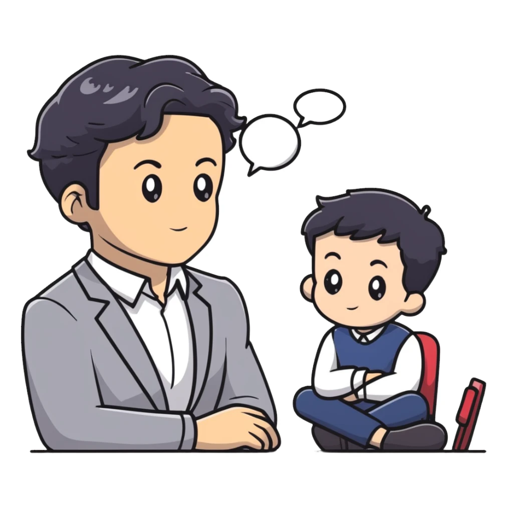 Management educator with black wavy hair, stubble, strong features, white skin, smart casual attire, sitting with a young professional, providing career guidance and mentorship, thoughtful listening expression sticker