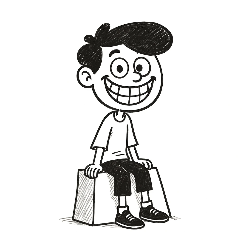 Make the hot boy's smile much wider, keep the hand drawn doodle style. The original style 'doodle' does not support editing, so using general style as fallback with instructions to keep hand drawn doodle style. sticker