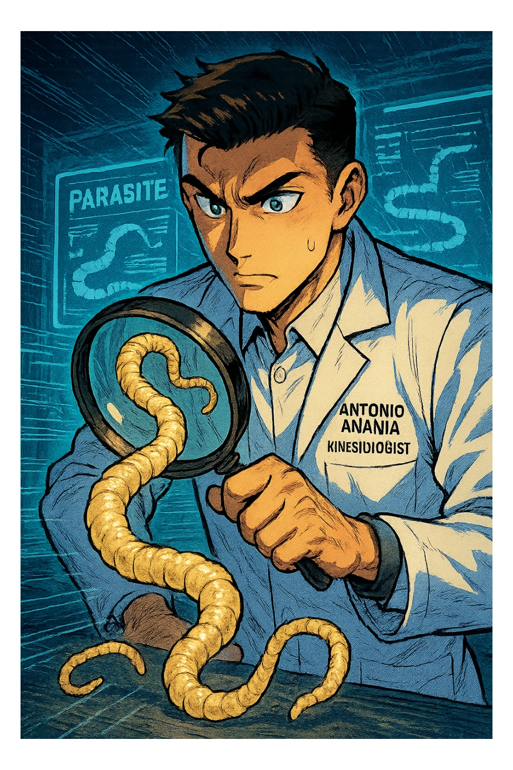 A dynamic manga/webtoon-style illustration of a young male kinesiologist wearing a clean white lab coat, analyzing light beige worms like a tapeworm under a magnifying glass. His expression is focused and slightly intrigued, with sharp, detailed eyes. The art style is vibrant, with bold linework, rich colors, and dramatic lighting. The background is a futuristic laboratory with glowing holographic screens displaying parasite data. The tapeworm is intricately drawn, slimy and segmented, with a slightly exaggerated yet realistic texture. The composition is dynamic, with motion lines or energy effects to emphasize his scientific investigation. The atmosphere is intense but not dark, keeping a balance between scientific seriousness and stylish manga aesthetics, he has "ANTONIO ANANIA" WRITTEN ON WHITE LAB COAT sticker