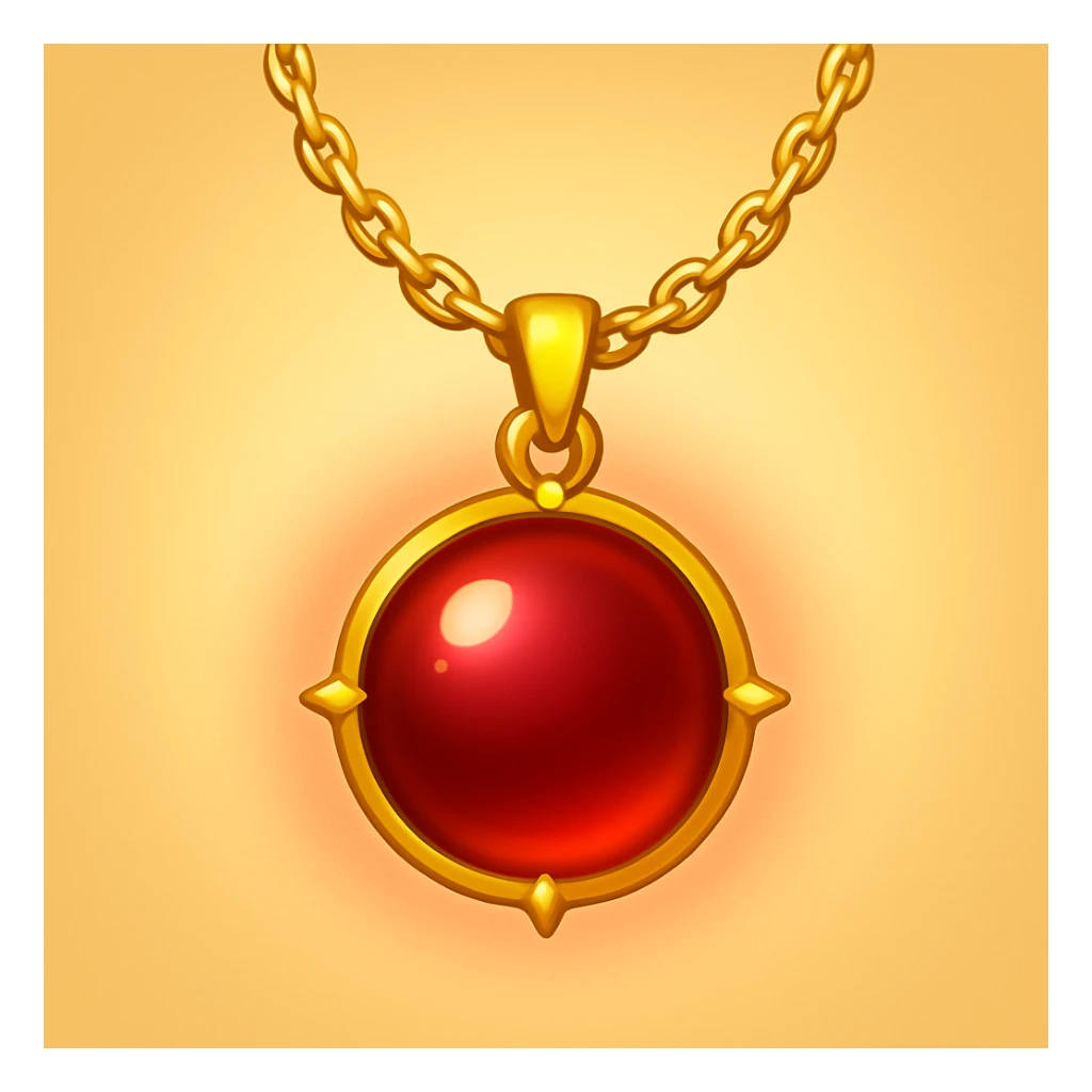 Make the garnet round and glowing wine-red, cradled by a delicate golden chain, ethereal and moving, in emoji style sticker