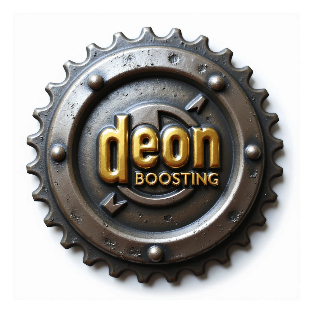 realistic photorealistic emoji of a metallic badge with the text 'deon boosting', featuring a nitro badge in the center, metallic shine, detailed textures sticker