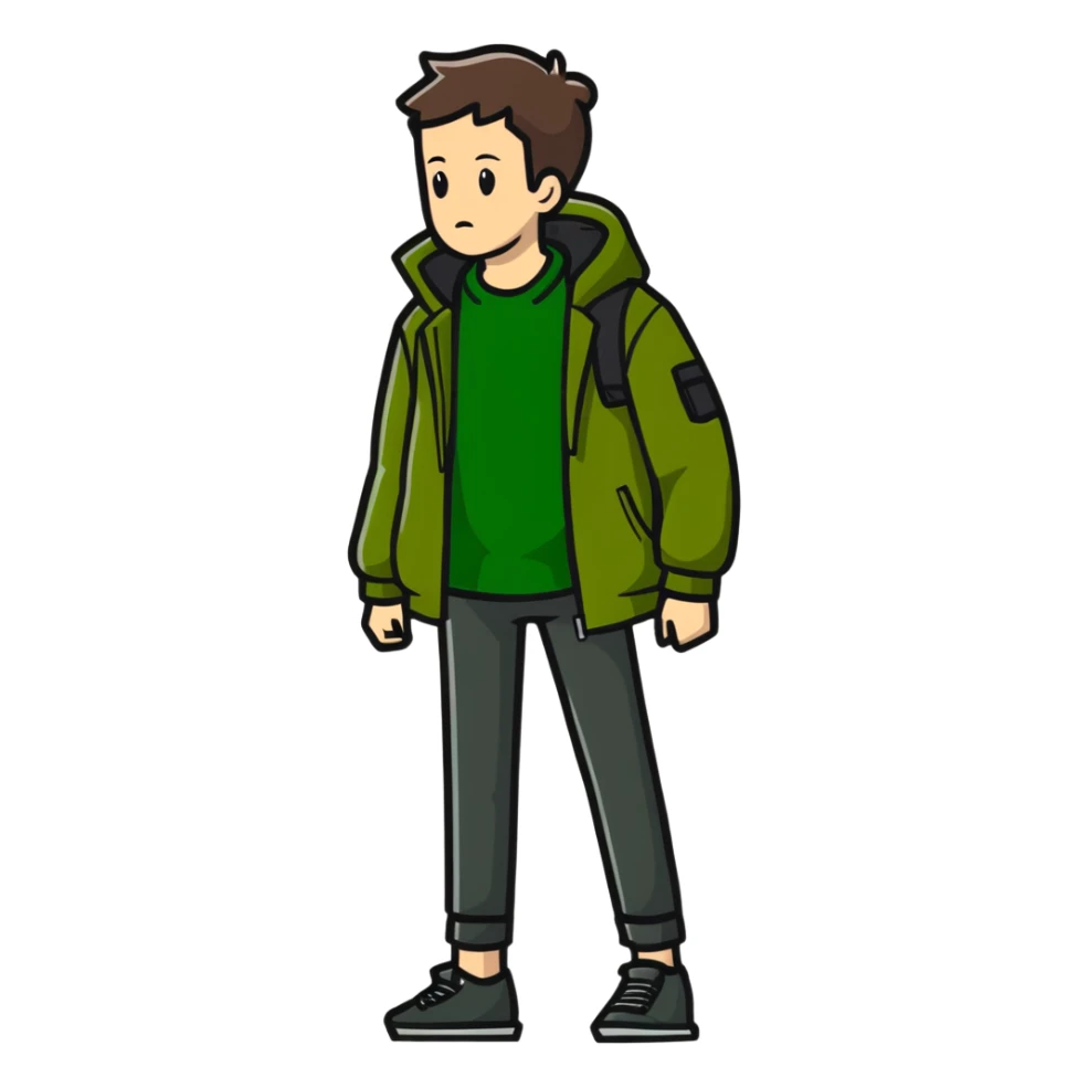 dark olive green jacket over a lighter green top sticker