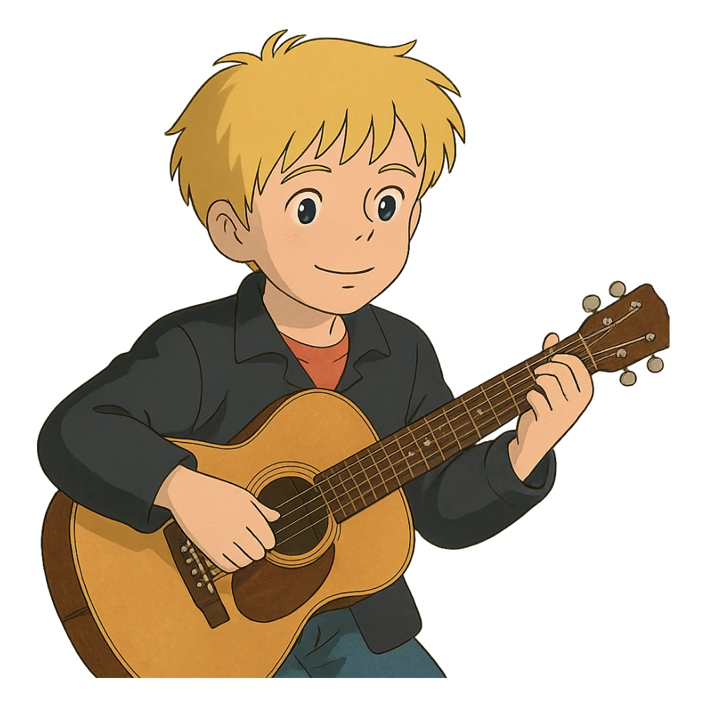 young blonde boy in a black jacket playing a guitar in ghibli style sticker