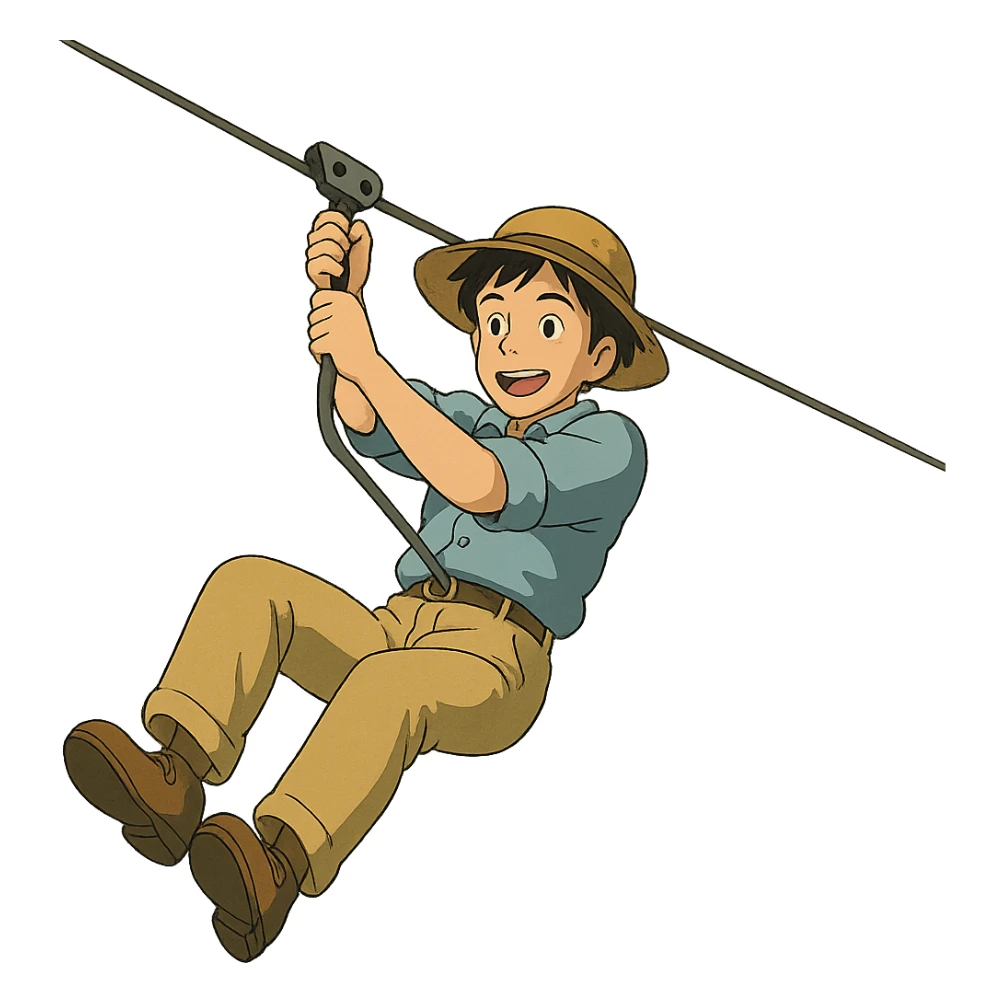 ghibli style man riding on a zip line sticker
