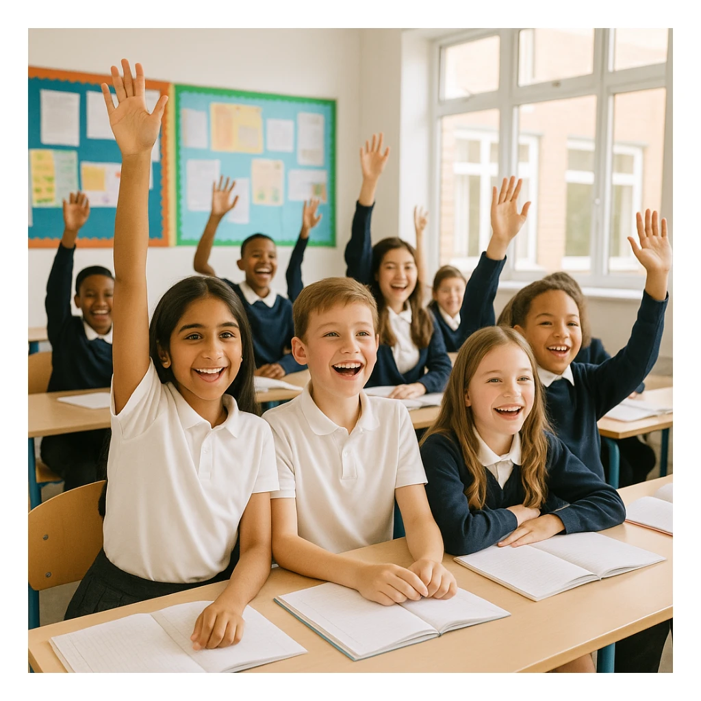 group of students in school uniforms, both genders, enthusiastically raising hands in class, lively and interactive environment sticker