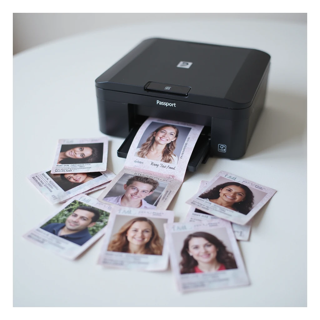 realistic thumbnail image for a passport size photo printing service, showing a modern printer with a large number of printed passport photos spread out on a clean background sticker