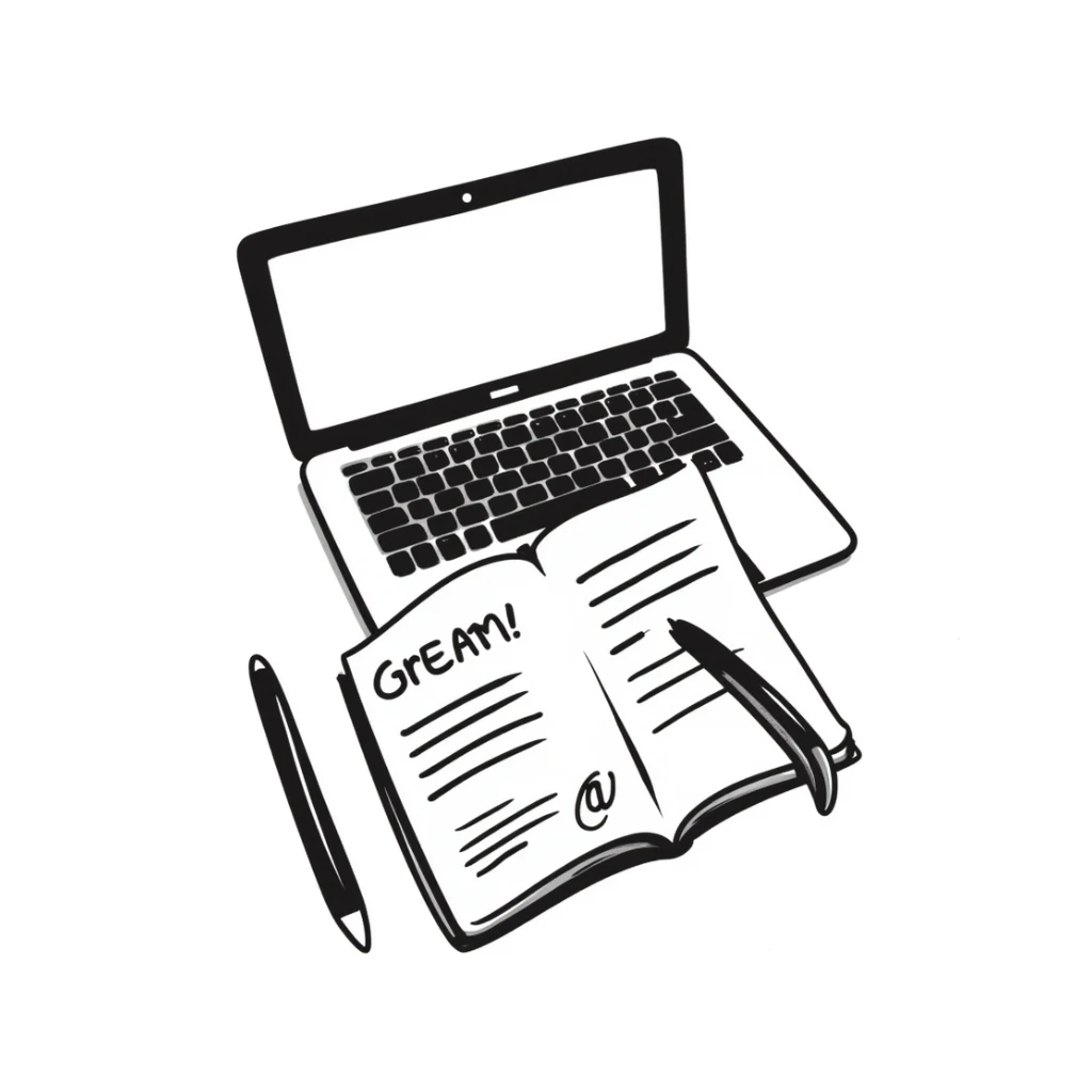 top view of a MacBook and a notebook with a pen nearby, notebook with visible notes sticker