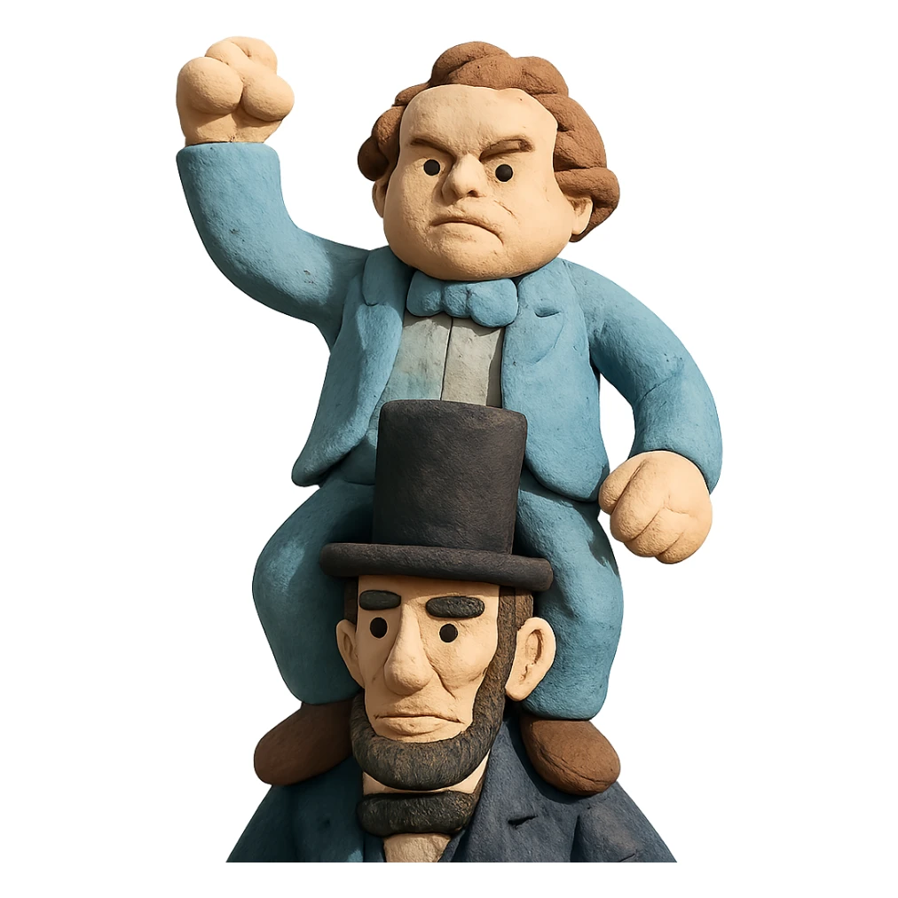 claymation style Stephen Douglas standing on Abraham Lincoln's shoulders sticker