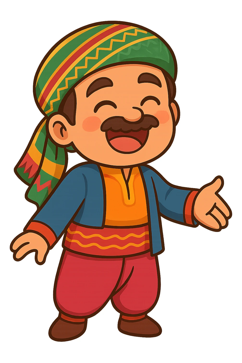 Create a cartoon Kurdish sticker in the same style and mood as the reference image: a happy and smiling face, traditional Kurdish clothing, colorful and cheerful, no text, suitable for WhatsApp and Instagram, with a transparent background. The character should be in a friendly greeting pose such as hugging or shaking hands. sticker