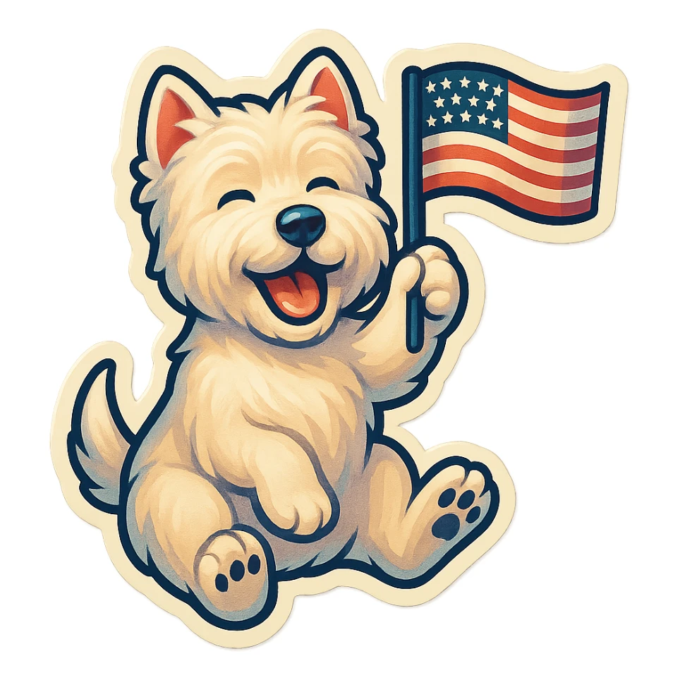 happy Westie dog waving a small US flag, retro sticker style sticker