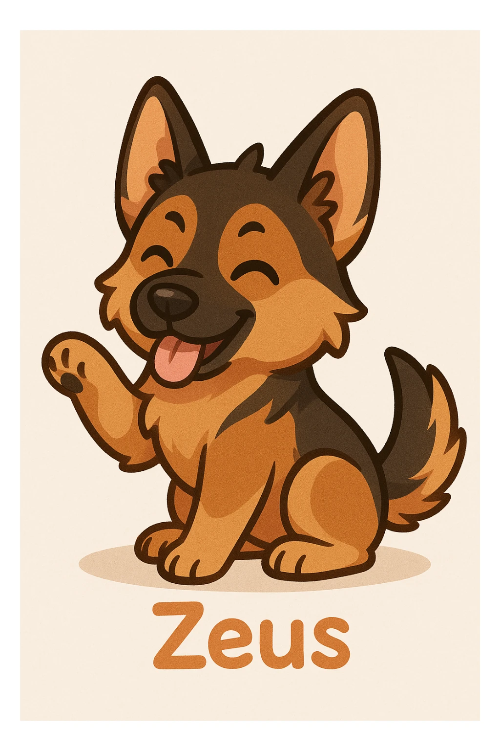 Create a chibi sticker of a playful German Shepherd dog inspired by the left dog in the reference photo. Include the name 'Zeus' in a cute font. Use a simple background suitable for chibi stickers style. sticker