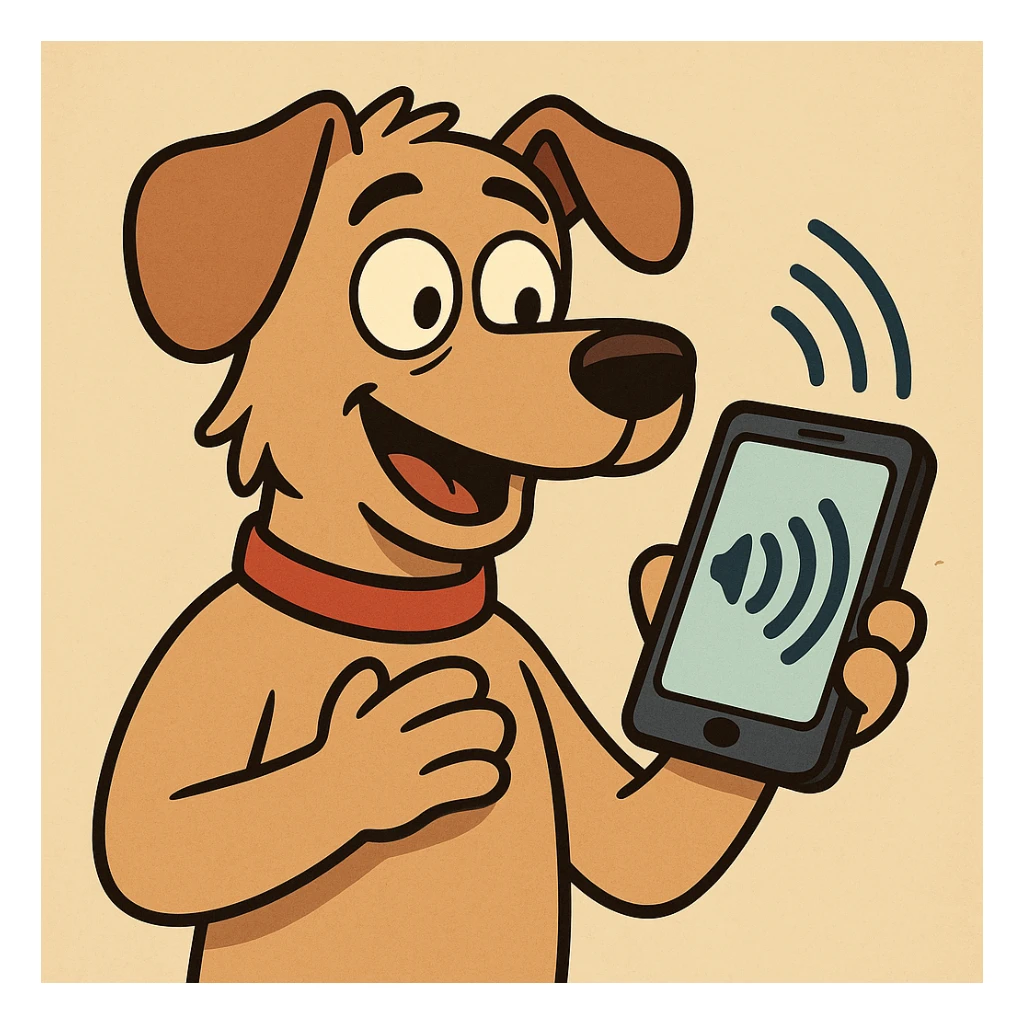 cartoon dog holding a smartphone with sound waves, symbolizing a dog translator app sticker