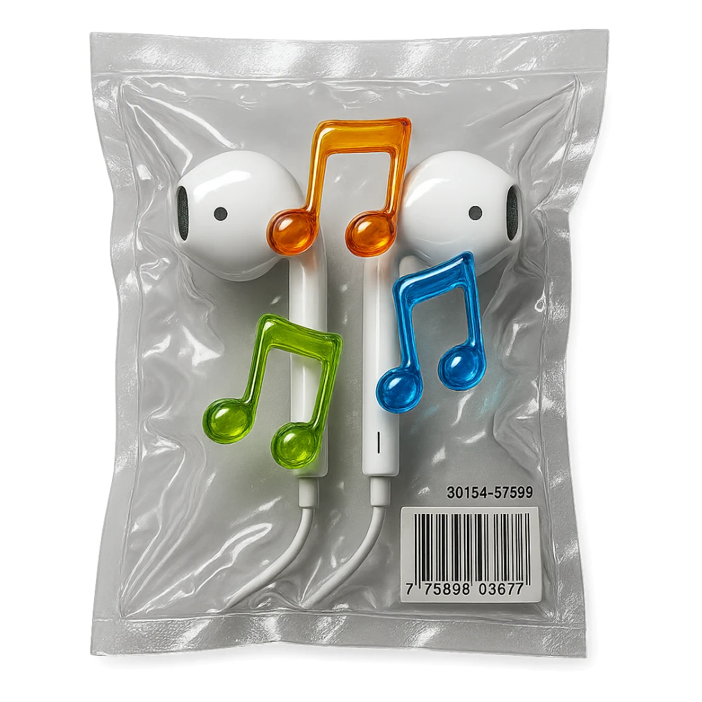 pair of white EarPods with exactly three floating multicolored glassy music notes, shiny and inflated sticker