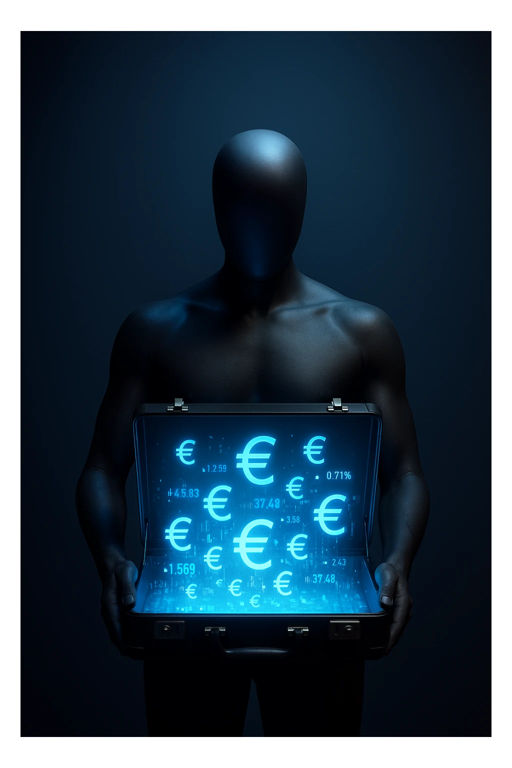 Faceless mannequin holding an open glowing briefcase filled with holographic euro signs and digital stock tickers. Large empty gradient background above for text. Strong cinematic lighting. sticker
