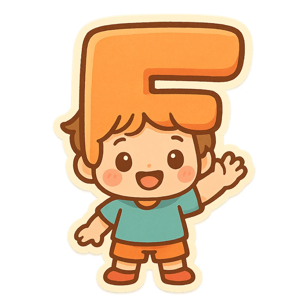a child character whose head is literally the letter F, fun and whimsical style, colorful, expressive, cute, friendly sticker