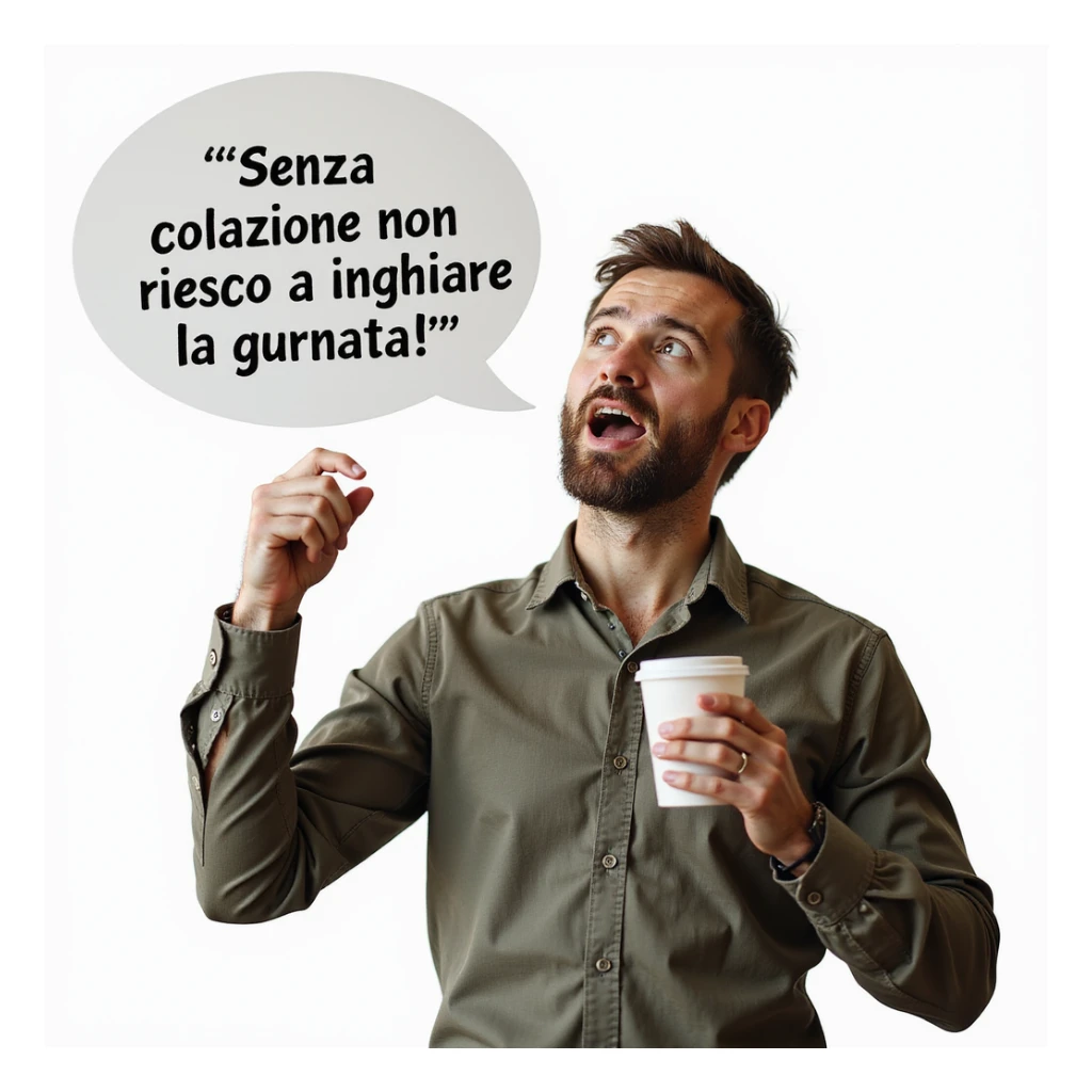 hyperrealistic 4K man isolated on white background, speech bubble saying 'Senza colazione non riesco a iniziare la giornata', enthusiastic expression, realistic details, different pose, variant 6 sticker