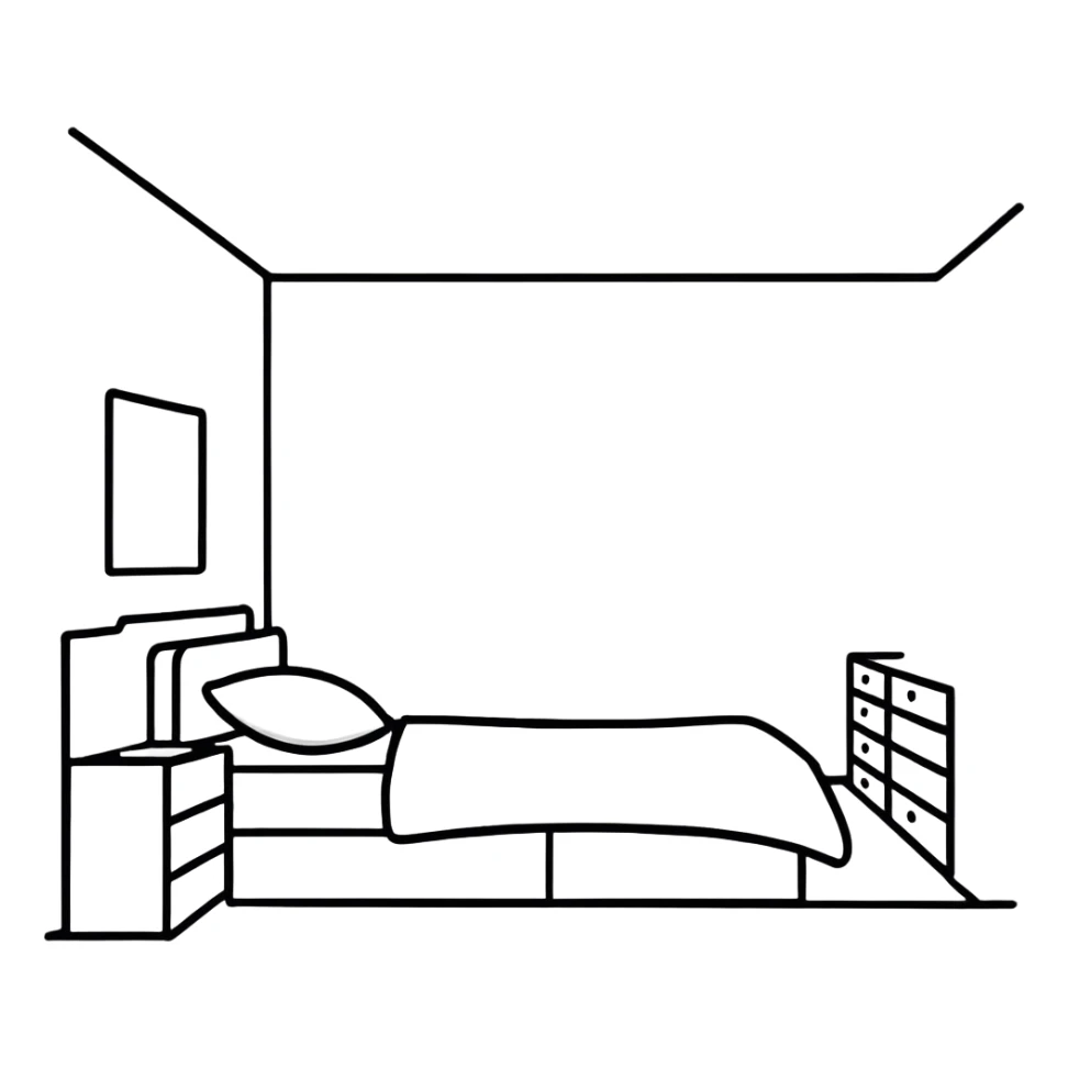 minimalist white teen bedroom with white vanity, white desk, white bed frame, and green plants sticker