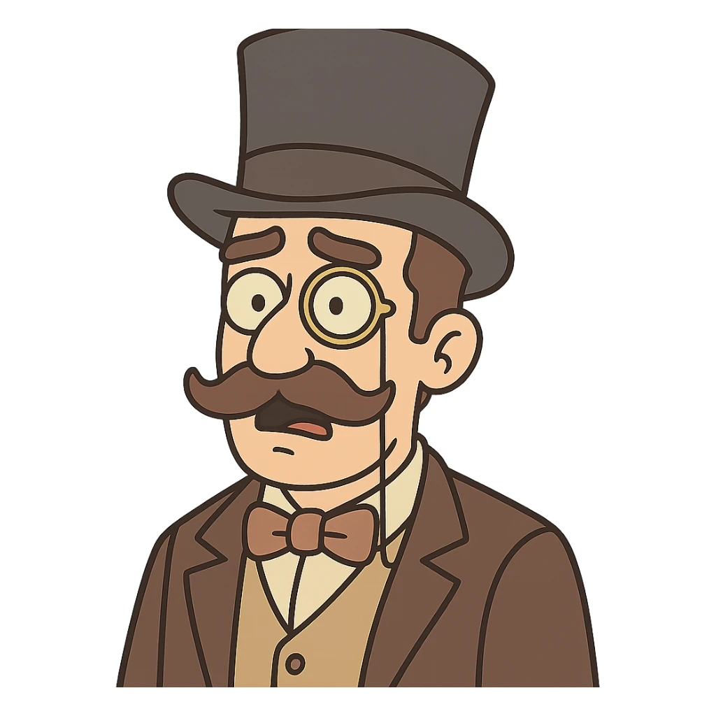 a man with a mustache, wearing a top hat and a monocle sticker