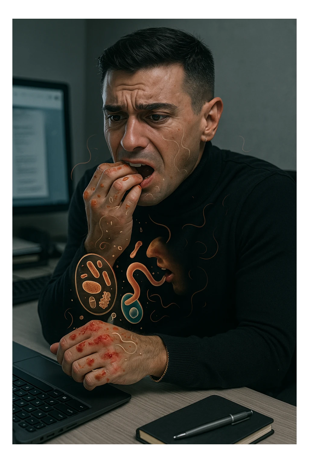 Anxious man at office desk unconsciously biting fingernails, microscopic overlay showing parasitic eggs and bacteria concentrated under nail beds, worms and microorganisms being consumed with each bite, expression of nervous habit unaware of contamination, computer screen reflecting his stress while he infects himself, fingertips raw and bleeding from chronic nail-biting, invisible parasite colonies entering his digestive system sticker
