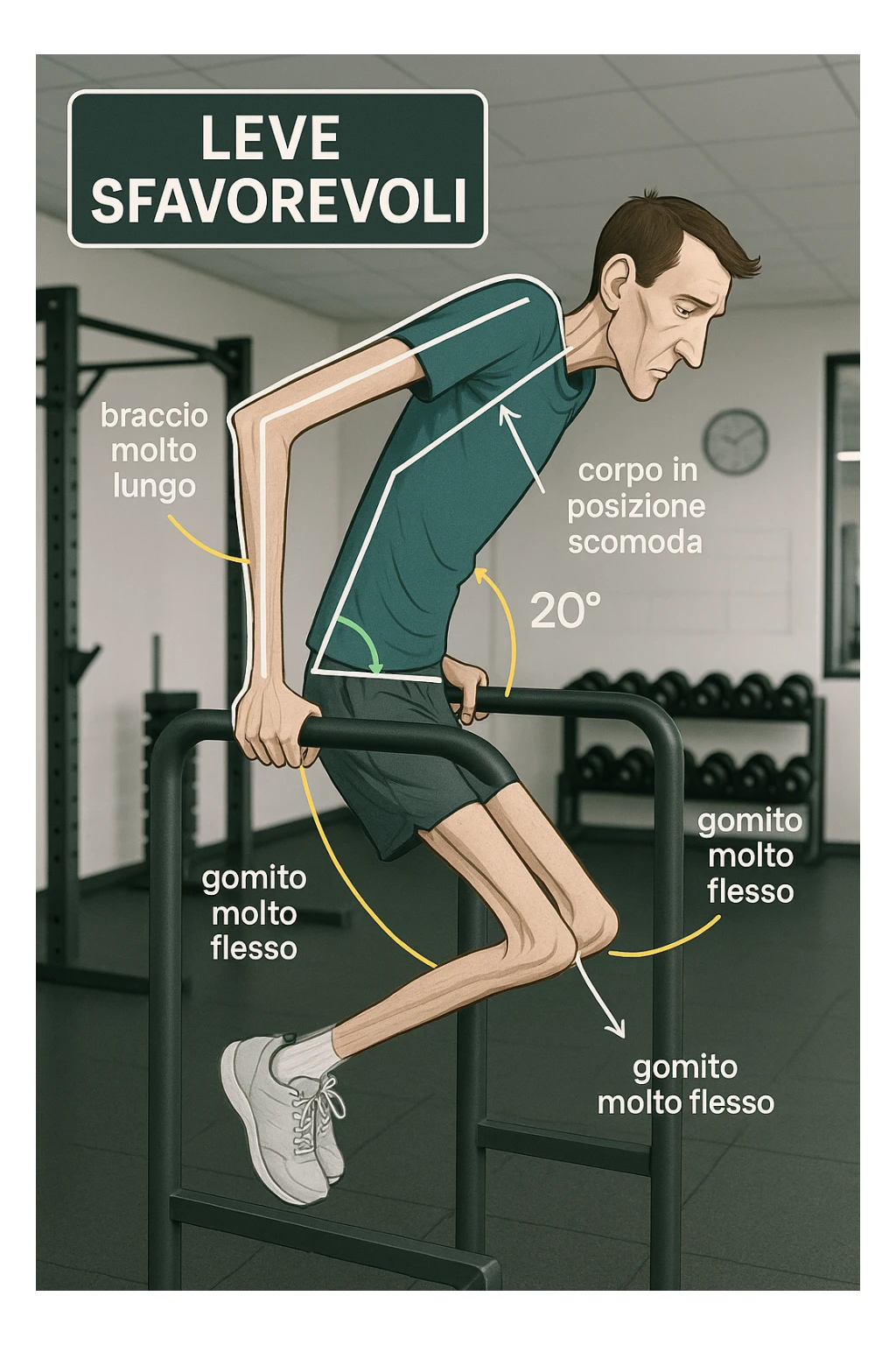 a tall, lean man with very long arms and a short torso attempts a dip on parallel bars. His elbows are deeply bent and his body appears awkwardly positioned, highlighting the mechanical disadvantage. An overlay shows anatomical lines and angles, with labels explaining “Leve Sfavorevoli” The background is a modern gym, with a focus on biomechanics. in italiano sticker