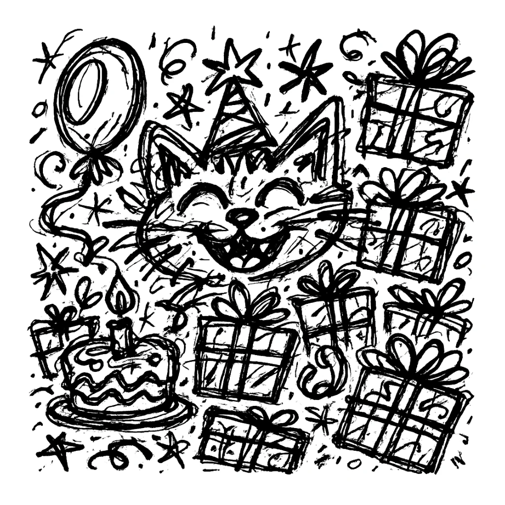Add more gifts around the kitten, keeping the chaotic outlined style and all original elements intact sticker