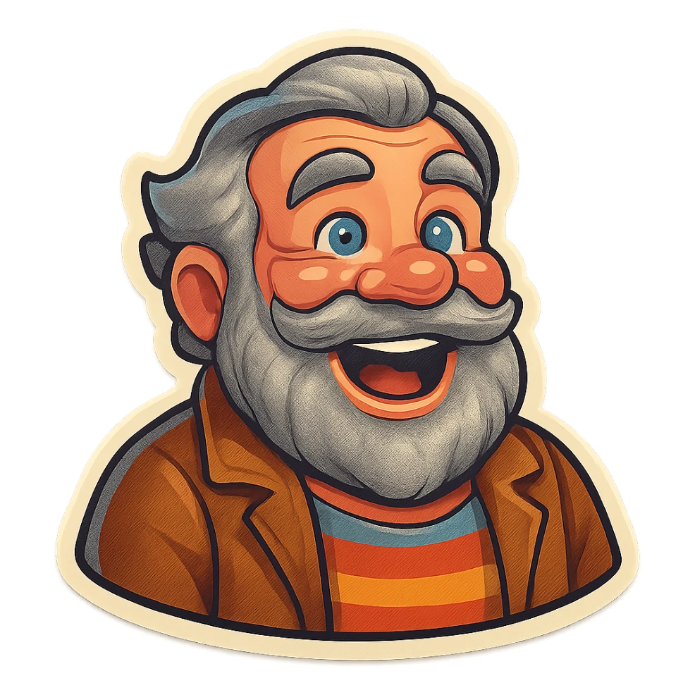 A dwarf with gray hair, a gray mustache, a gray beard, and gray eyebrows. He has blue eyes and wrinkles on his forehead. He is wearing a striped t-shirt and a brown jacket. The dwarf is displaying a joy emotion. sticker