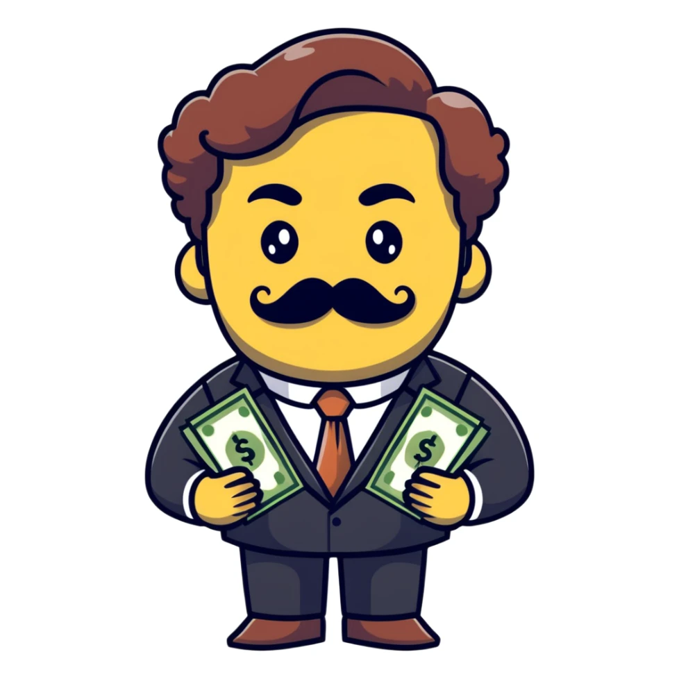Finance broker with enormous curly mustache, business suit, dollar sign eyes, holding money sticker