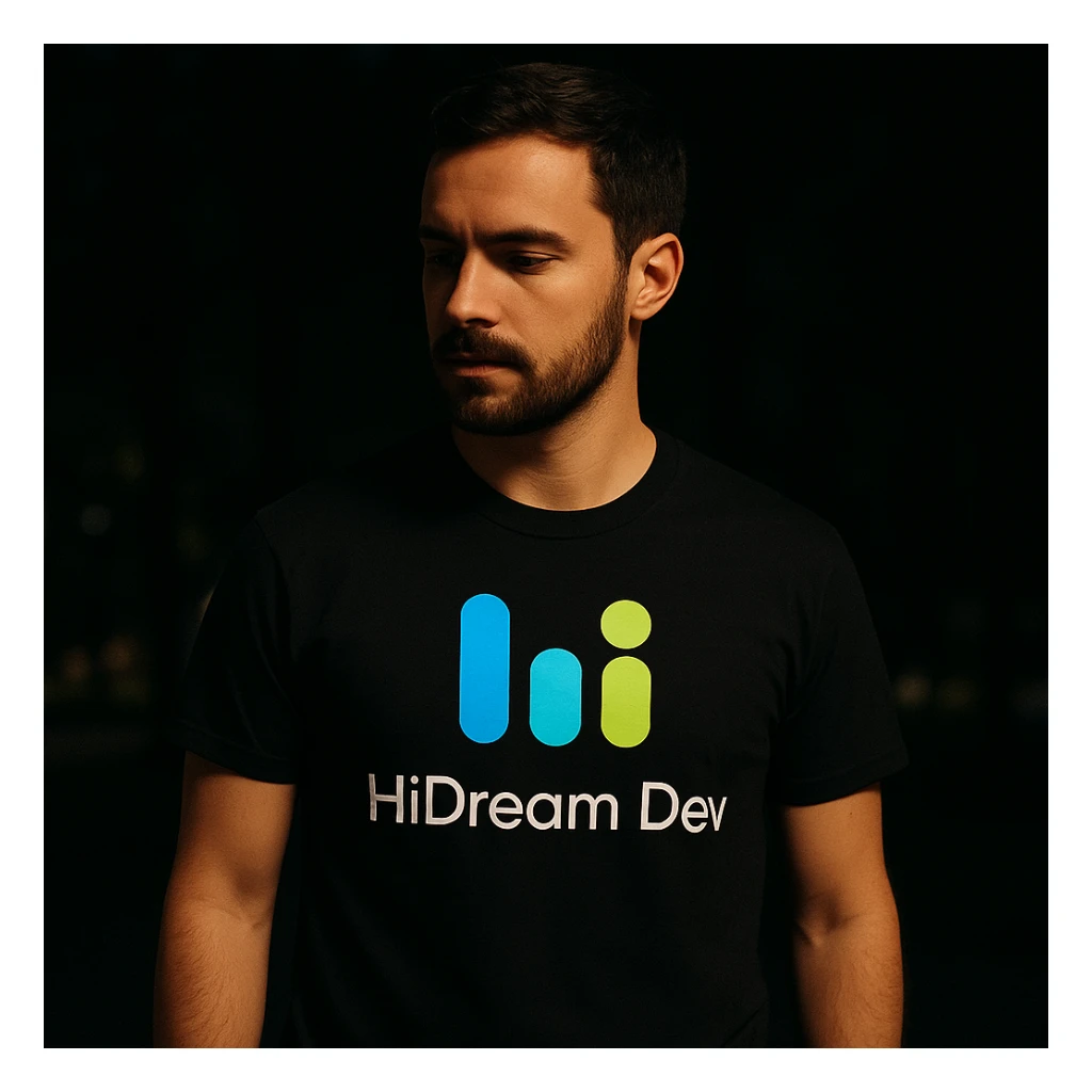 man wearing tshirt with this logo, dark night background with dim  sticker