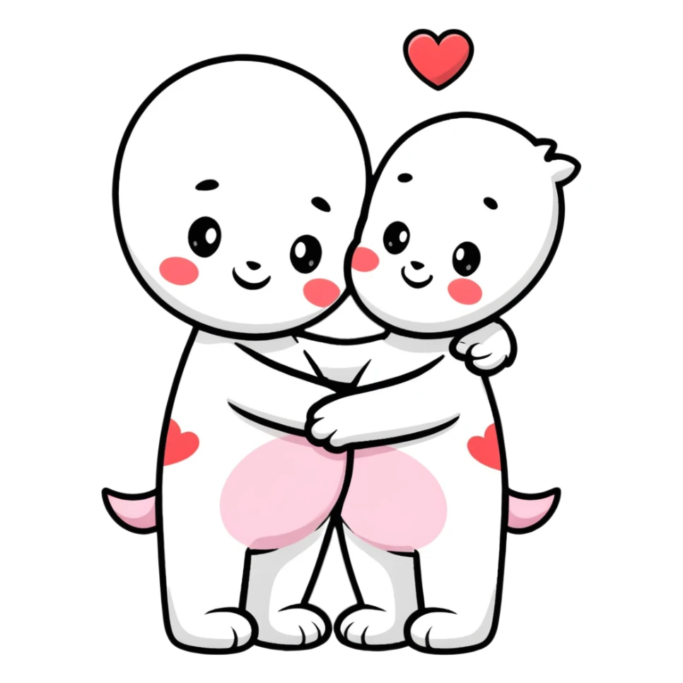 Two cute cartoon characters hugging with hearts around them sticker